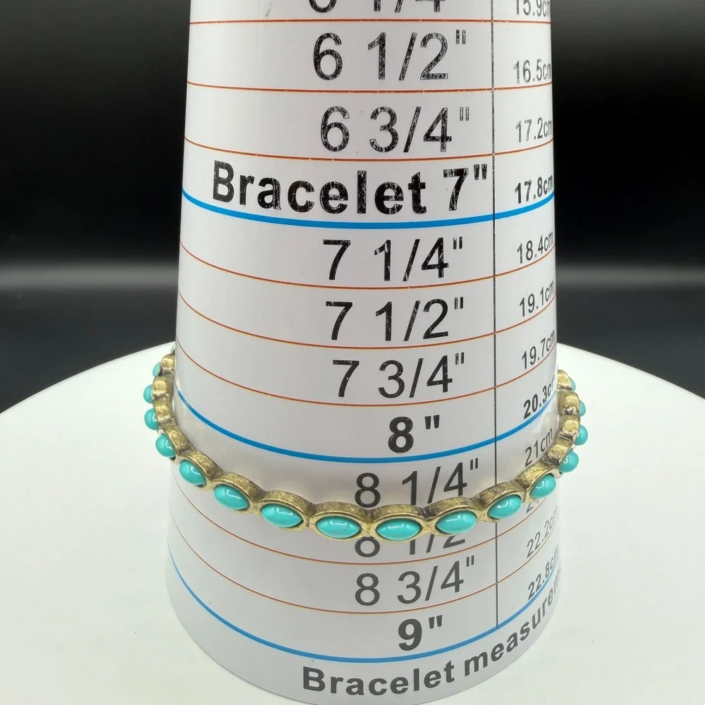 Vintage Style Turquoise & Brass Tone Cabochon Bangle Bracelet Boho Southwestern